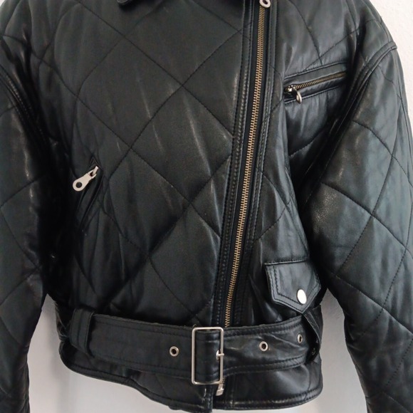 Green Field Leather Jacket Womens Medium MOTO Black Belted Motorcycle Grunge VTG - Picture 3 of 13